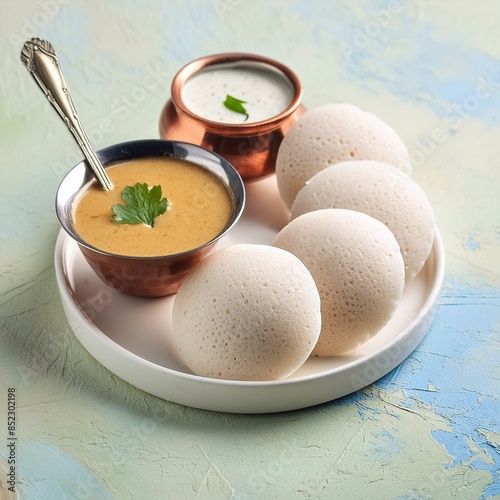 South indian food idli sambhar and coconut chutney photo