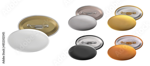 Mock Up. Set oval badge pin brooch of white, black, gold, silver, copper colors. Realistic illustration isolated on white background.