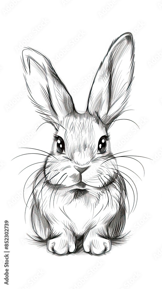 Fototapeta premium Easter bunny hand drawn, face of rabbits. Ears and muzzle with whiskers, paws. Vector illustration Cute bunny rabbit outline sketch vector illustration
