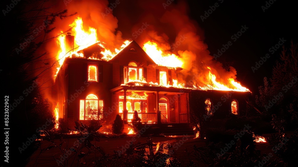 A large two-story house is fully enflamed with fire against the night sky, highlighting an intense and destructive scene A large two-story house is fully enflamed with fire against the night sky, highlighting an intense and destructive scene