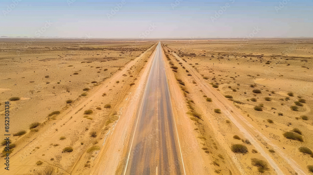 Fototapeta premium Long straight road stretches across a desert landscape