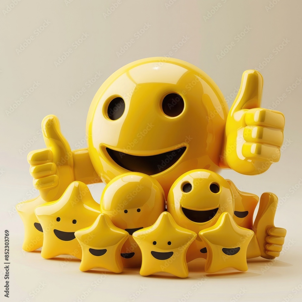 Sliley Positive Smiley face surrounded by positive symbols, thumbs-up gestures, stars ...