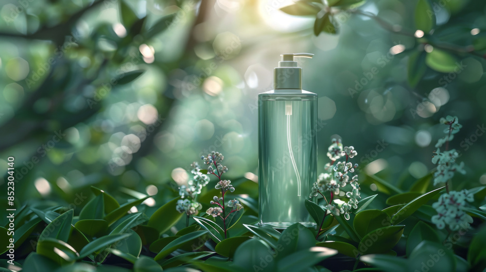 Natural organic cosmetic skincare packaging mock up with leaves .bio science beauty concept .blank bottle for branding and label