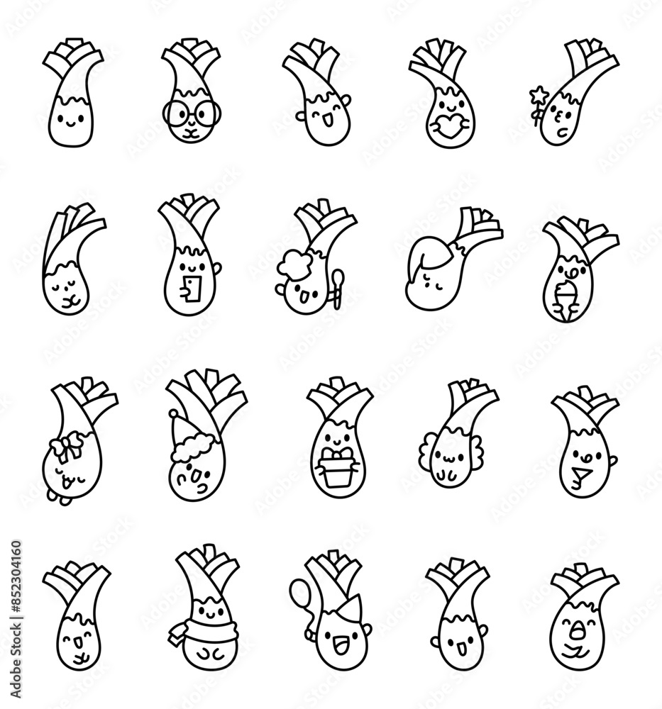 Fototapeta premium Cute kawaii vegetables leek. Coloring Page. Adorable cartoon food characters. Hand drawn style. Vector drawing. Collection of design elements.
