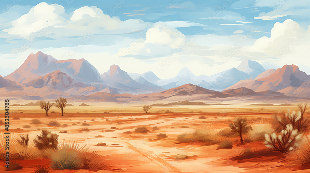 Naklejka premium Expansive Arid Desert with Cracked Earth and Distant Blue Mountains Under a Clear Sky