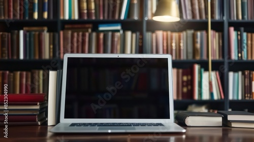 A silver laptop open on a wooden desk with a blurry background showcasing bookshelves filled with various books