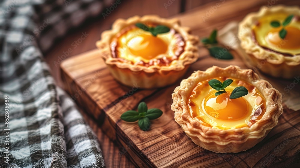 Egg tarts placed on a wooden table with a checkered design Egg tarts placed on a wooden table with a checkered design