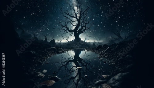 A mysterious and haunting scene of a barren tree with intricate, twisting branches set against a starry night sky. photo