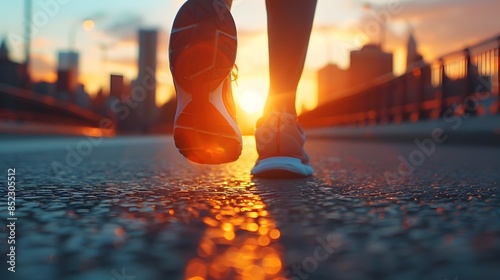 A closeup of feet and legs in running shoes, walking along an empty road at sunset. The sun casts long shadows on both sides, creating depth. © horizon