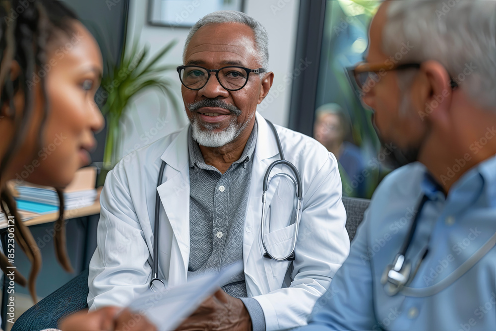 Fototapeta premium Experienced doctor over 50 collaborating with medical staff and discussing treatment plans with colleagues, emphasizing teamwork and expertise