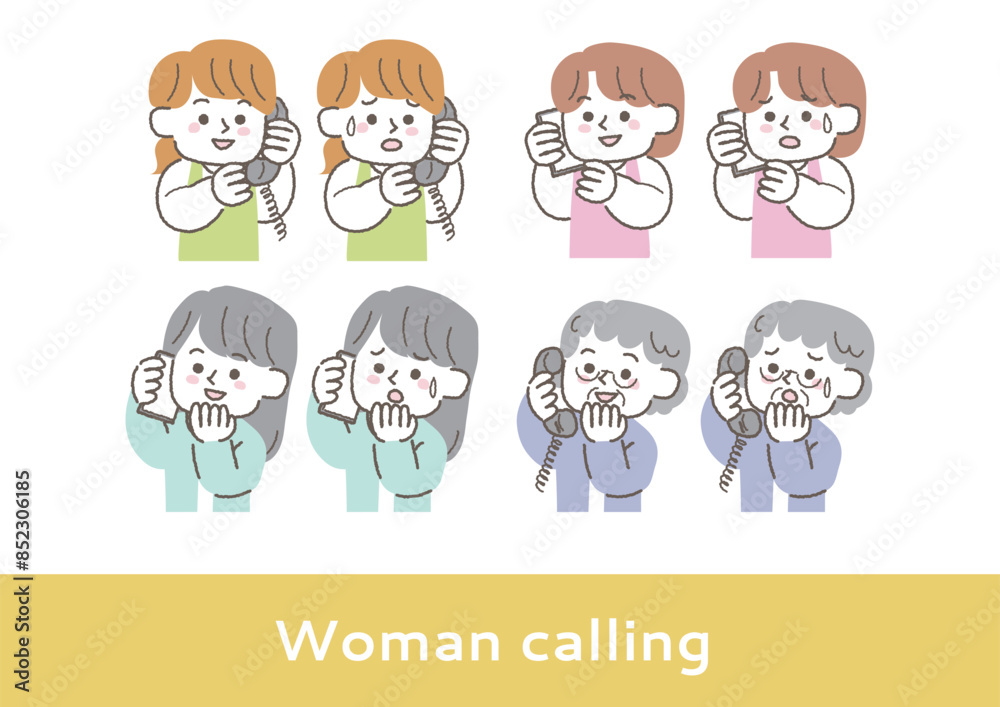 Fototapeta premium 電話をして困っている女性と笑顔の女性のイラストセット