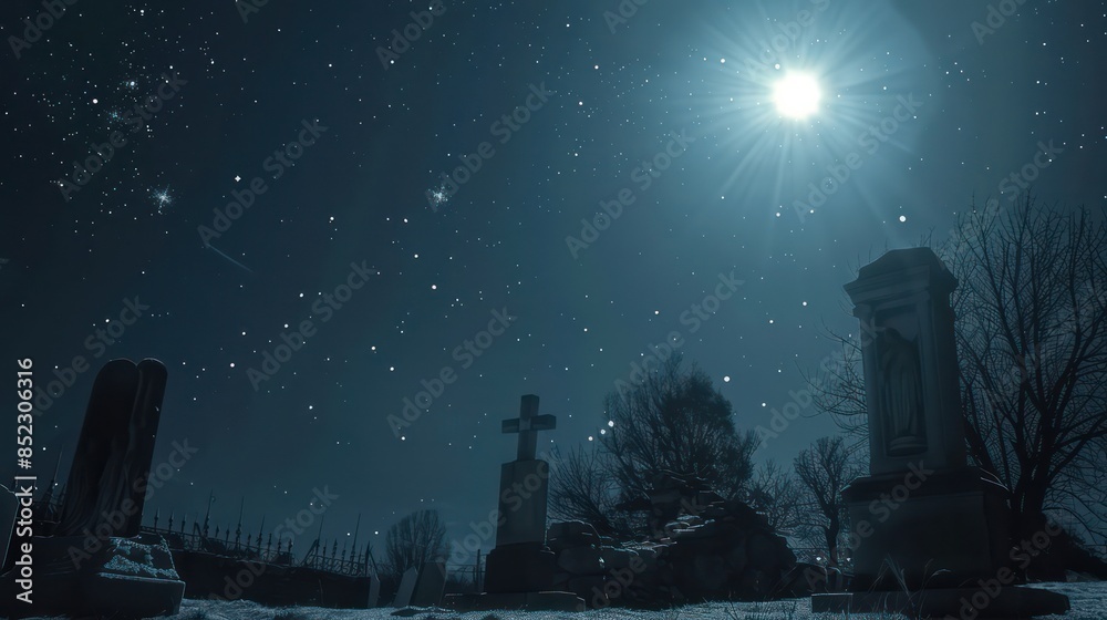 A tranquil night scene featuring a moonlit cemetery with twinkling stars, capturing a serene yet mysterious mood A tranquil night scene featuring a moonlit cemetery with twinkling stars, capturing a serene yet mysterious mood