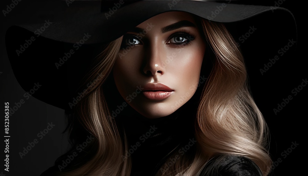 A close-up of a woman with a wide-brimmed hat tilted slightly back, revealing her eyes but maintaining a mysterious feel.
