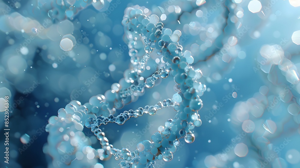 A closeup of the double helix structure in DNA, with each strand and spheres clearly visible against a soft blue background. A closeup of the double helix structure in DNA, with each strand and spheres clearly visible against a soft blue background.