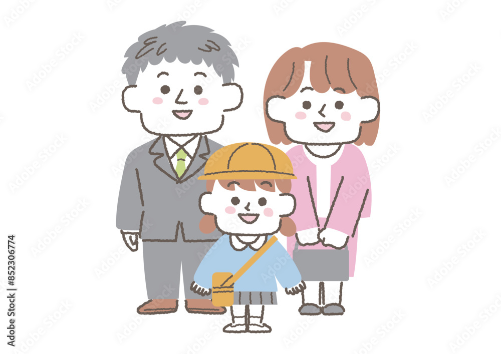 両親と一緒にいる幼稚園生の女の子のイラスト 両親と一緒にいる幼稚園生の女の子のイラスト