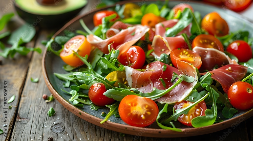A colorful salad with arugula, cherry tomatoes and slices of prosciutto on top. The plate is placed on an old wooden table with some avocado in the background. A colorful salad with arugula, cherry tomatoes and slices of prosciutto on top. The plate is placed on an old wooden table with some avocado in the background.