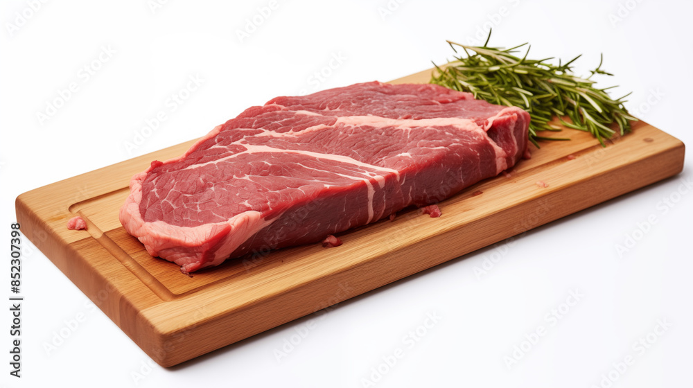 Beef on a wooden cutting board in the middle of a white background. Beef on a wooden cutting board in the middle of a white background.