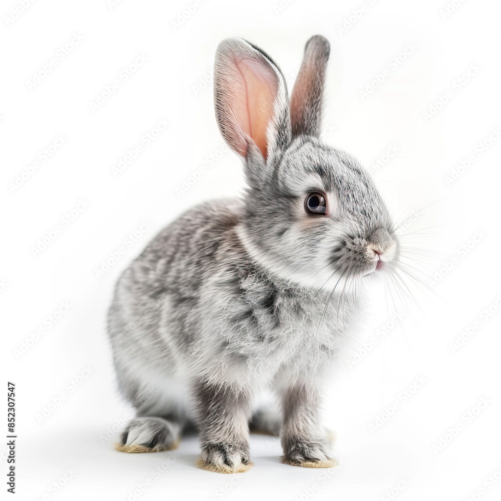 Funny bunny or baby rabbit fur gray with long ears is standing Funny bunny or baby rabbit fur gray with long ears is standing