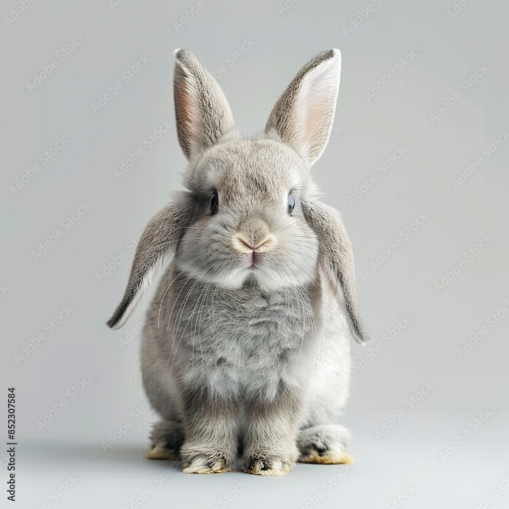 Obraz premium Funny bunny or baby rabbit fur gray with long ears is standing