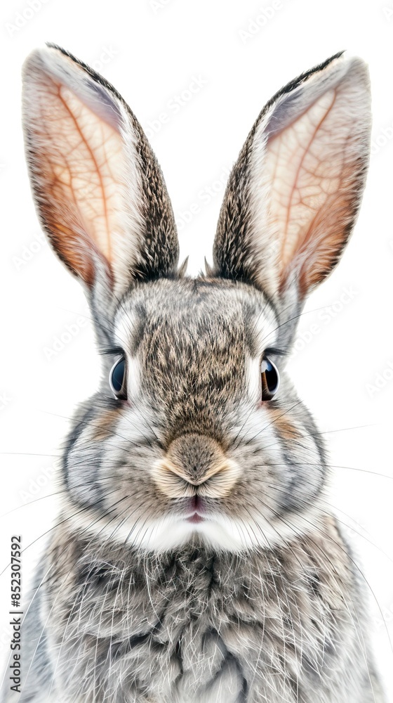 Obraz premium Funny bunny or baby rabbit fur gray with long ears is standing