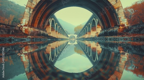 A symmetrical reflection of a bridge stretching across a river, creating a mesmerizing pattern.