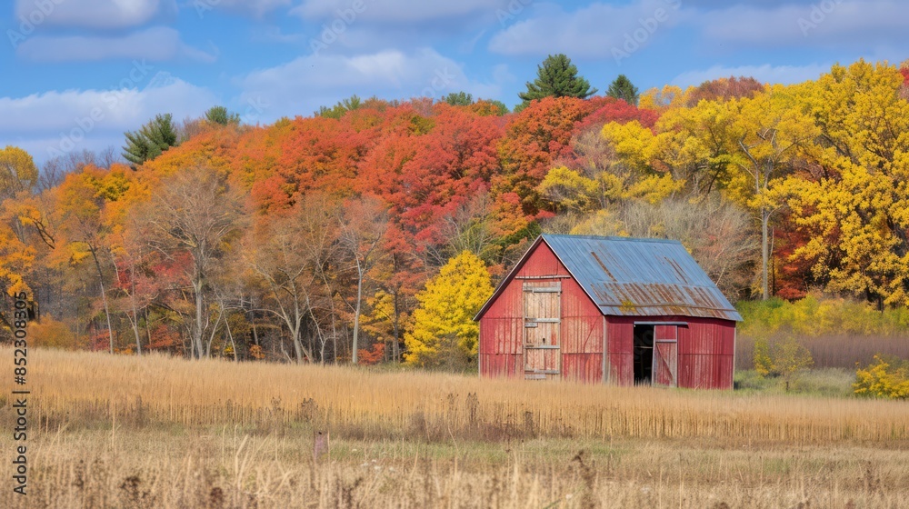 A serene autumn scene with a rustic red barn amidst vibrant fall foliage under a blue sky with fluffy clouds A serene autumn scene with a rustic red barn amidst vibrant fall foliage under a blue sky with fluffy clouds