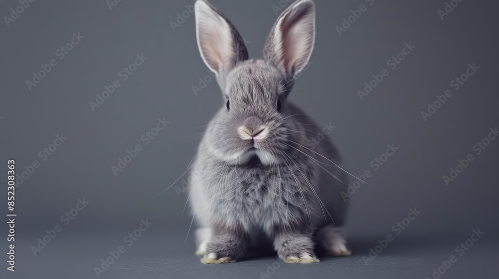 Obraz premium Funny bunny or baby rabbit fur gray with long ears is standing