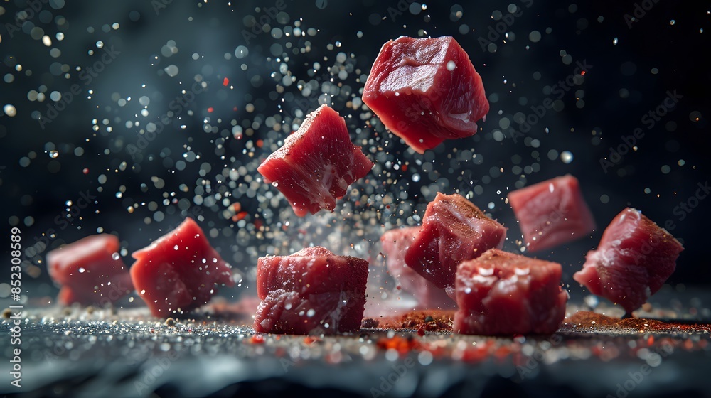 raw meat cubes suspended in midair, with spices sprinkled around them, against a dark background. The focus is on the contrast between darkness and light, creating an intense visual effect. raw meat cubes suspended in midair, with spices sprinkled around them, against a dark background. The focus is on the contrast between darkness and light, creating an intense visual effect.