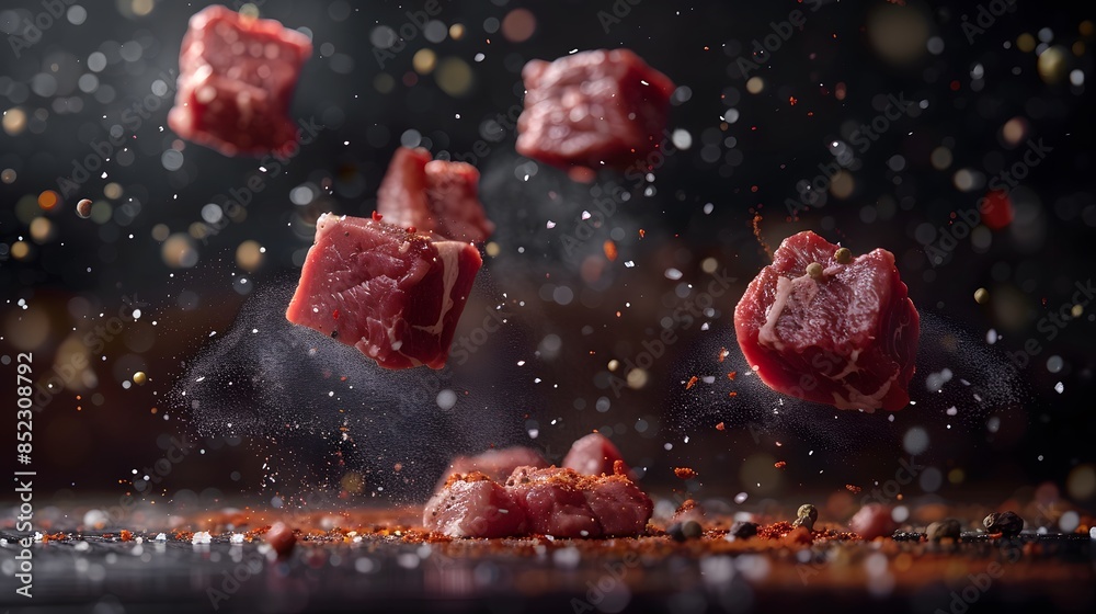 raw meat cubes suspended in midair, with spices sprinkled around them, against a dark background. The focus is on the contrast between darkness and light, creating an intense visual effect. raw meat cubes suspended in midair, with spices sprinkled around them, against a dark background. The focus is on the contrast between darkness and light, creating an intense visual effect.