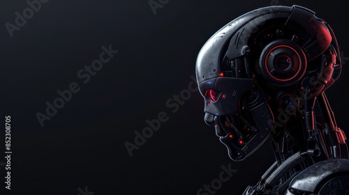 Detailed profile view of a futuristic robot head with red eye against a dark background, suggesting advanced technology