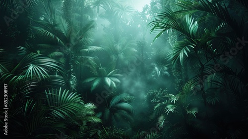 Mysterious Jungle with Fog and Lush Greenery