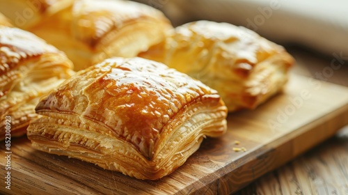 Tasty new puff pastries displayed on a wooden surface in closeup Room for adding text