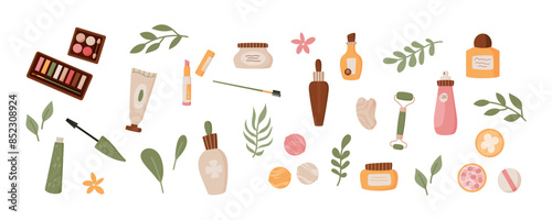 Cartoon moisturizing makeup and face care product set, flat natural make up oil jar, trendy fashion cosmetic pack collection with green plants, colorful organic hair care shampoo bottle.