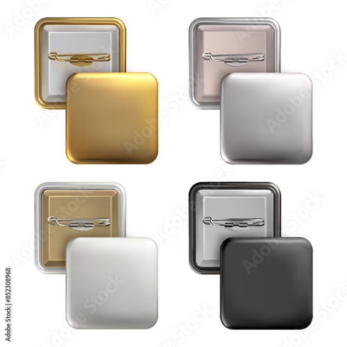 Mock Up. Set square badge pin brooch of white, black, gold, silver colors. Realistic illustration isolated on white background.