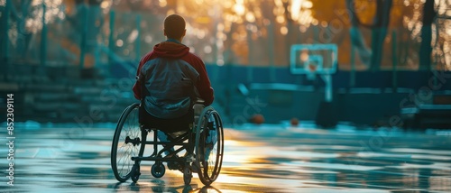 Handicapped man in wheelchair walk at the Basketball court photo