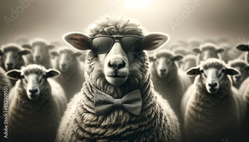 A close-up image of a sheep wearing a smart bow tie, standing out amidst a flock of other sheep.
