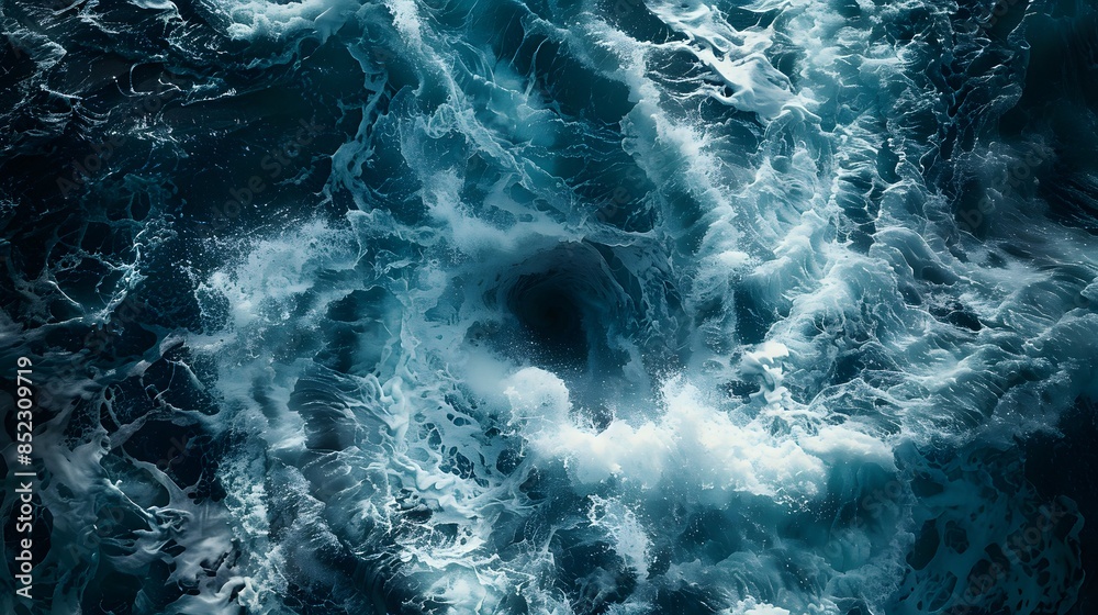 A powerful whirlpool of water in the middle, surrounded by a dark blue and black sea with waves crashing against each other, creating an intense visual effect.