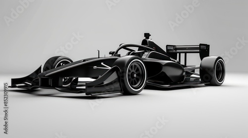 A sleek, black modern Formula race car presented in a studio setting with a neutral background, highlighting its aerodynamic design and racing features