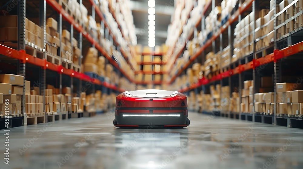 A red and white mini AGV Robot driving in the warehouse, with many shelves filled with boxes on both sides of it. A red and white mini AGV Robot driving in the warehouse, with many shelves filled with boxes on both sides of it.