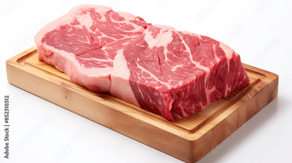 Raw beef bone slice on wooden cutting board isolated on white background, using natural light. Raw beef bone slice on wooden cutting board isolated on white background, using natural light.