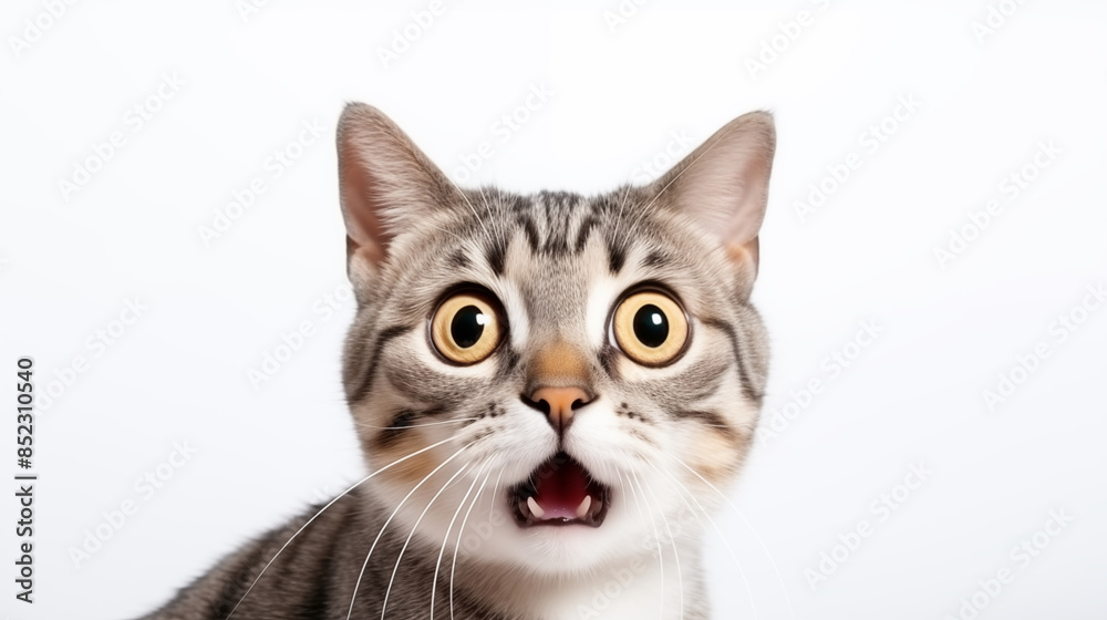 Portrait of funny excited cat face isolated on white background. Portrait of funny excited cat face isolated on white background.