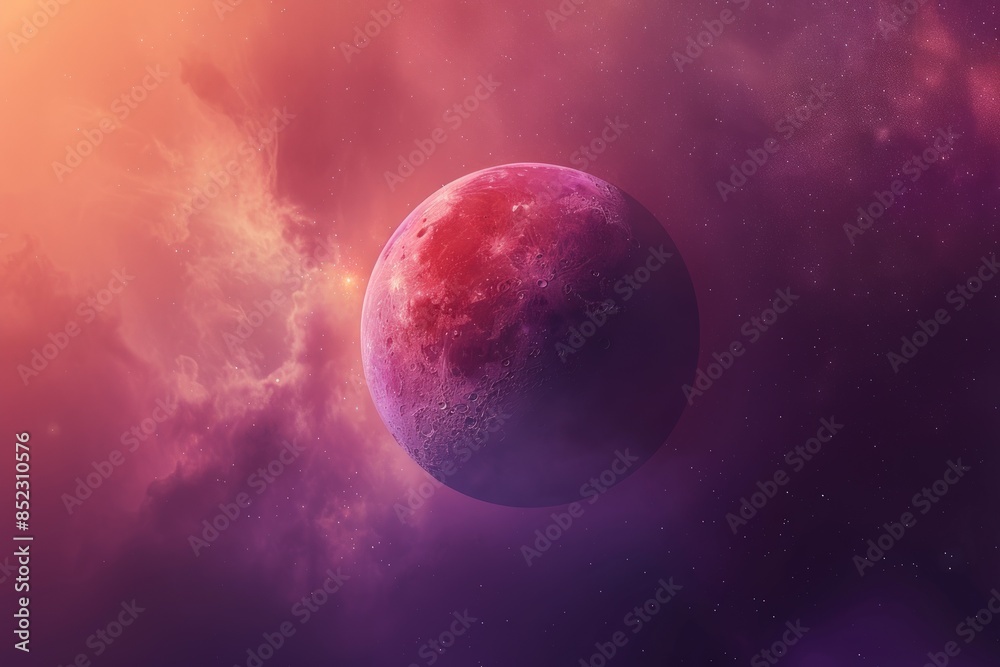 A pink and purple planet with a moon in the sky A pink and purple planet with a moon in the sky