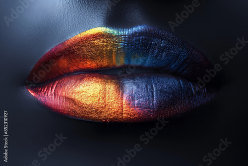 Close up of Rainbow lipstick pattern on the mouth of a woman. photo
