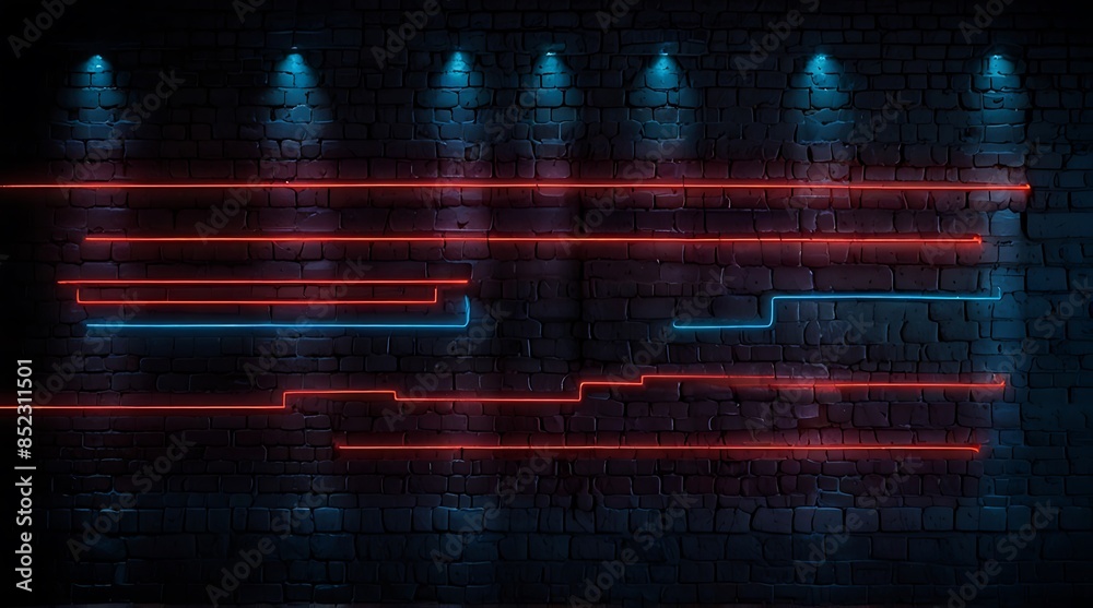 Red And Blue Neon Lights On Brick Wall With Spotlights Red And Blue Neon Lights On Brick Wall With Spotlights