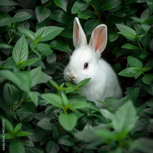 Little white rabbit among green leaves  © CREATIVE STOCK