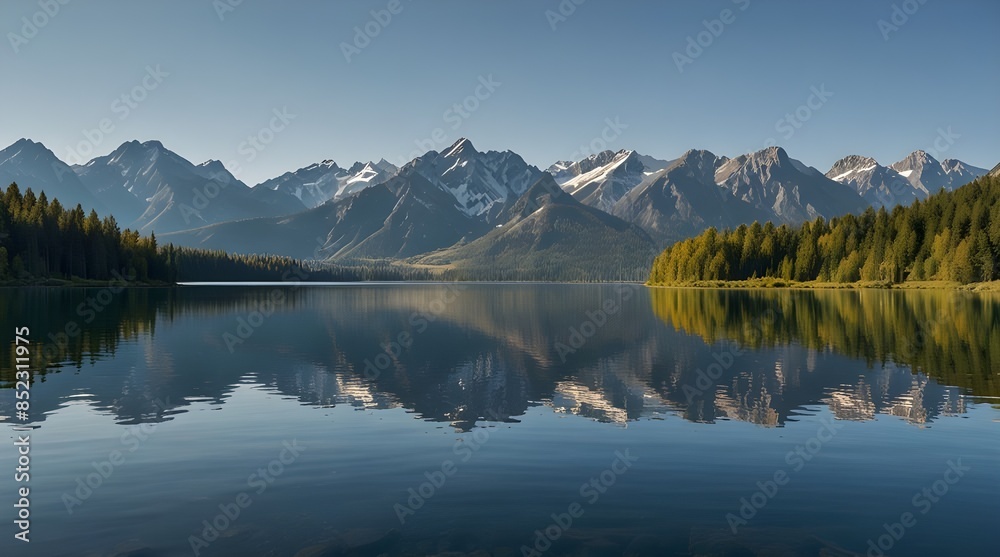 Fototapeta premium A grand mountain range towering over a tranquil lake.generative.ai