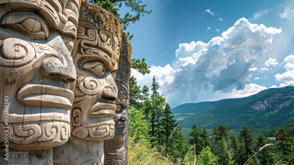 A picturesque scene where a detailed totem pole stands prominently in the foreground with a beautiful forested mountain landscape and blue sky in the background A picturesque scene where a detailed totem pole stands prominently in the foreground with a beautiful forested mountain landscape and blue sky in the background