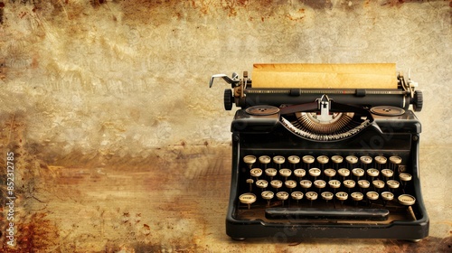 An antique typewriter sits on a distressed, textured background, suggesting a nostalgic or historical theme photo