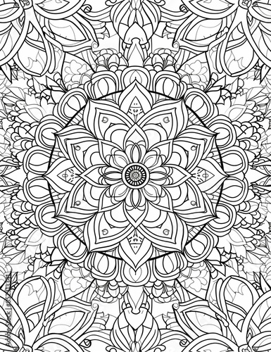 Mindful Mandala Moments: Elaborate Symmetrical Art for Stress Relief - Line Art - Coloring Page for Adults - Vertical composition - Printable pages