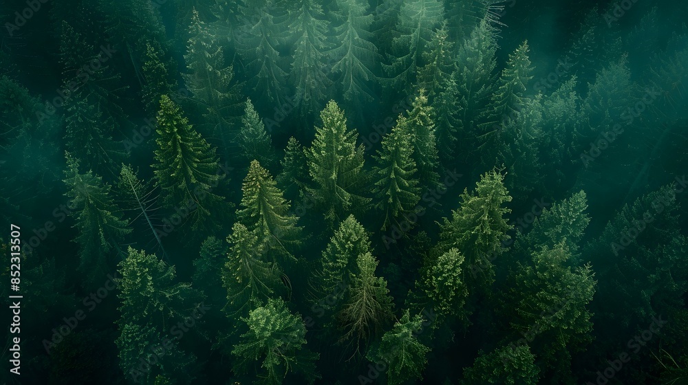 Aerial view of a forest, with tall trees in the foreground and background, seen from above. The scene is bathed in soft natural light. Aerial view of a forest, with tall trees in the foreground and background, seen from above. The scene is bathed in soft natural light.